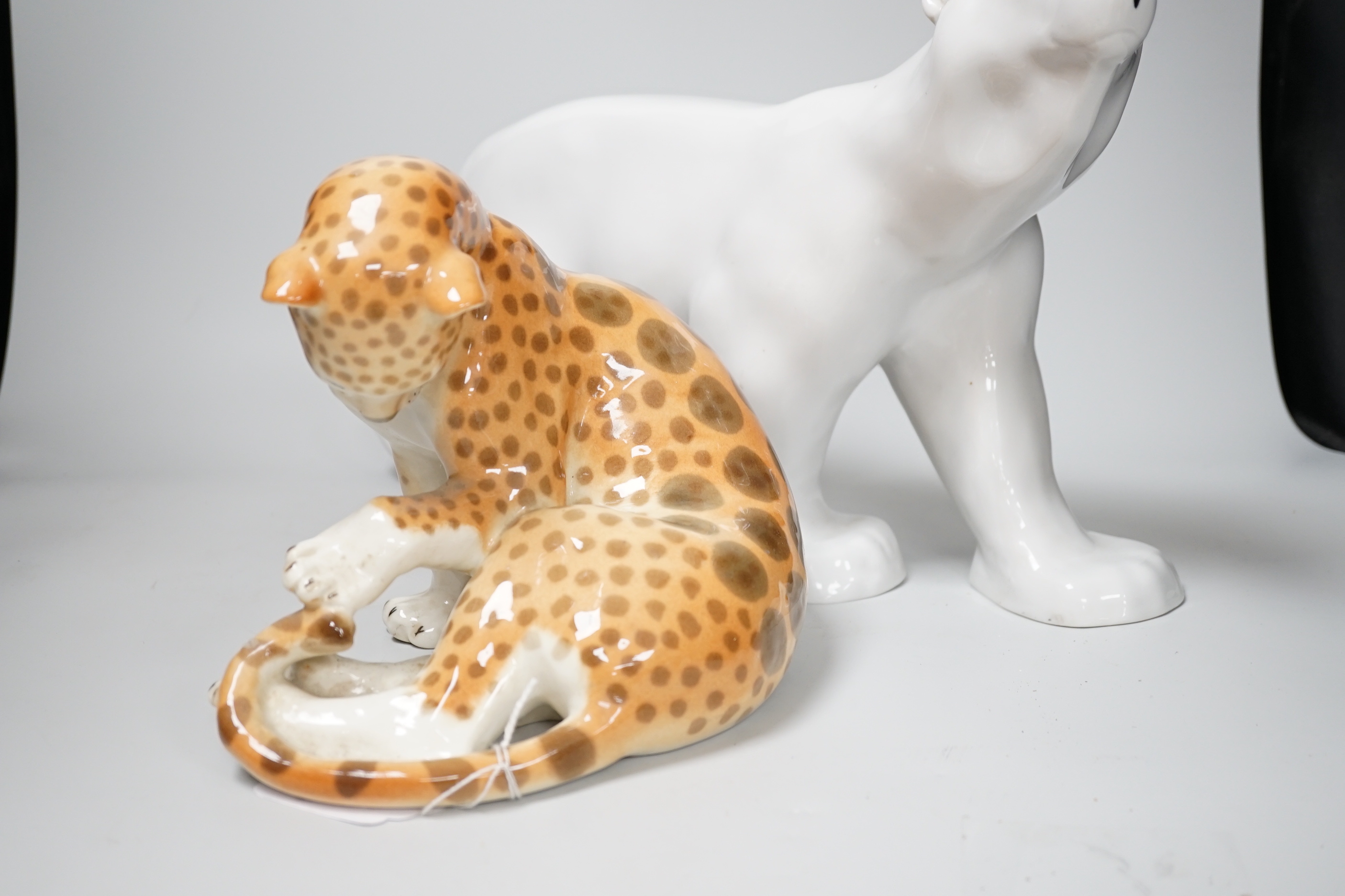 A USSR ceramic leopard and polar bear, latter 25cm high